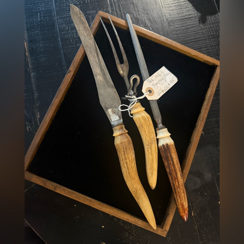 1800s Antique Antler Set - Fork Knife Sharpening Stone